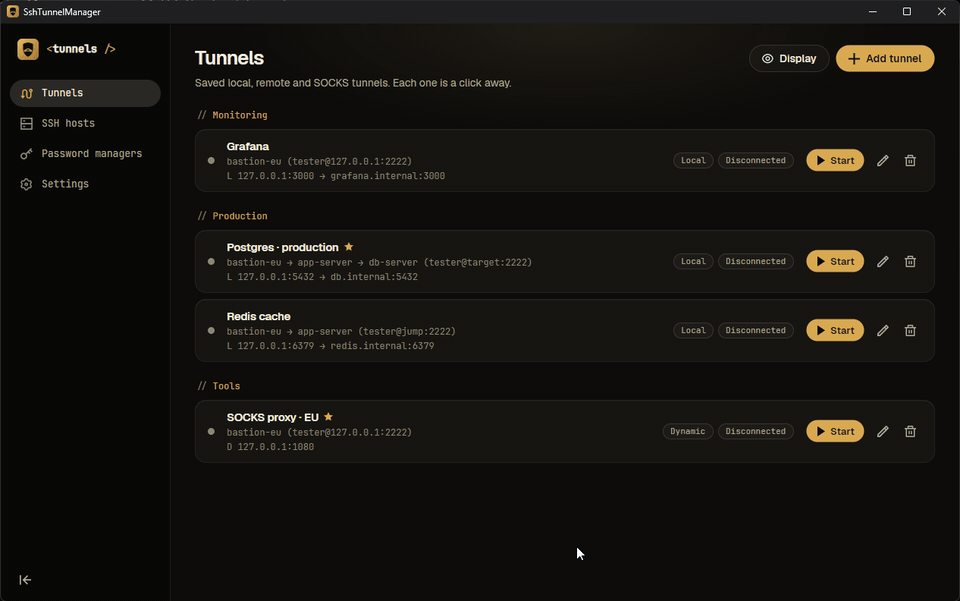 SSH Tunnel Manager demo: adding a tunnel and starting it with one click